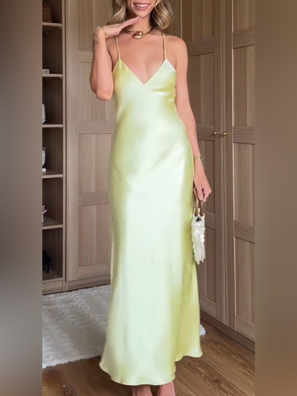 ZARA NWT Pastel/Butter Yellow Satin V-Neck Slip Maxi Dress Size Small